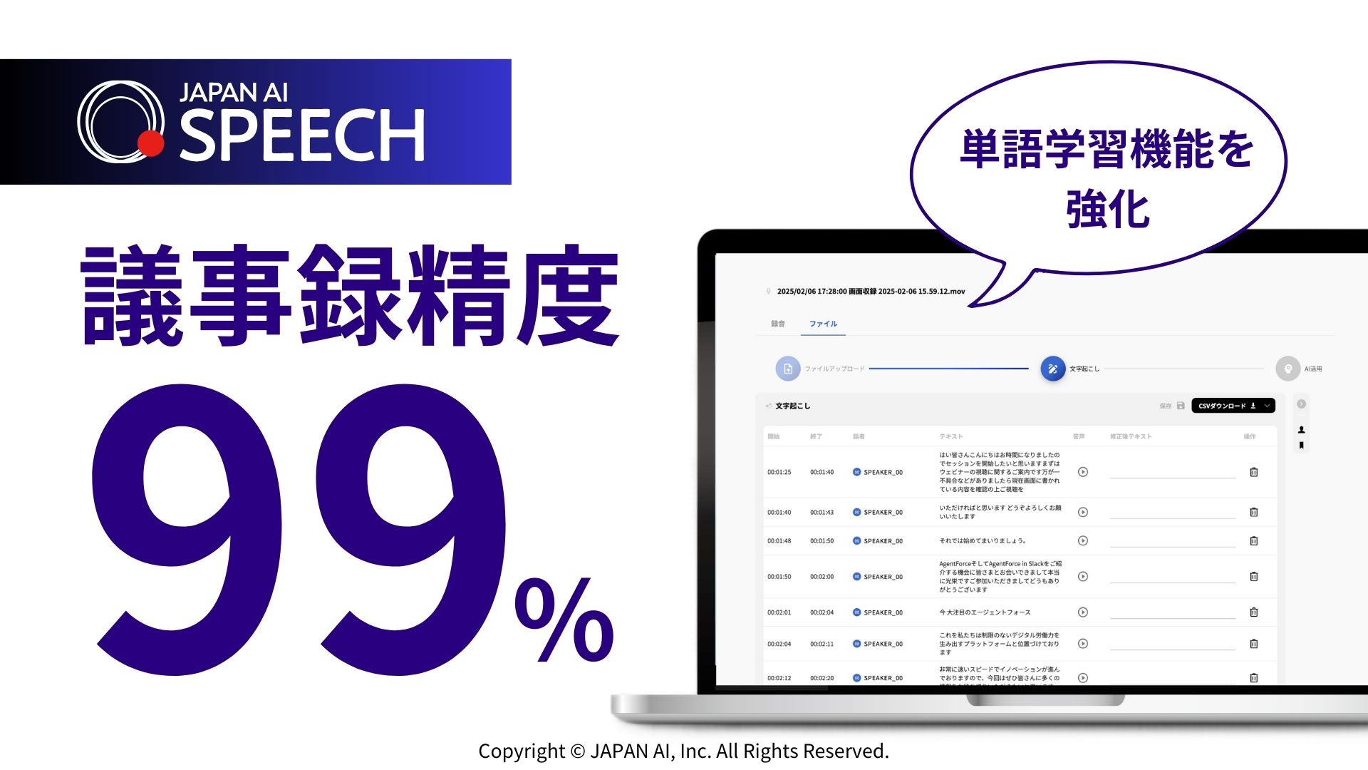 AI議事録ツール「JAPAN AI SPEECH」が、文字起こし精度99%を実現 〜業界用語・専門用語をはじめとした単語の学習機能を強化〜のアイキャッチ画像