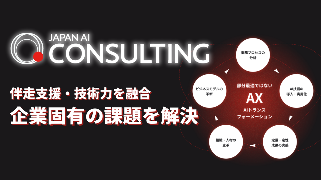 技術力と伴走支援を融合した「JAPAN AI CONSULTING」をリリース　～企業固有の課題を解決し、AX（AIトランスフォーメーション）の実現を加速～のアイキャッチ画像